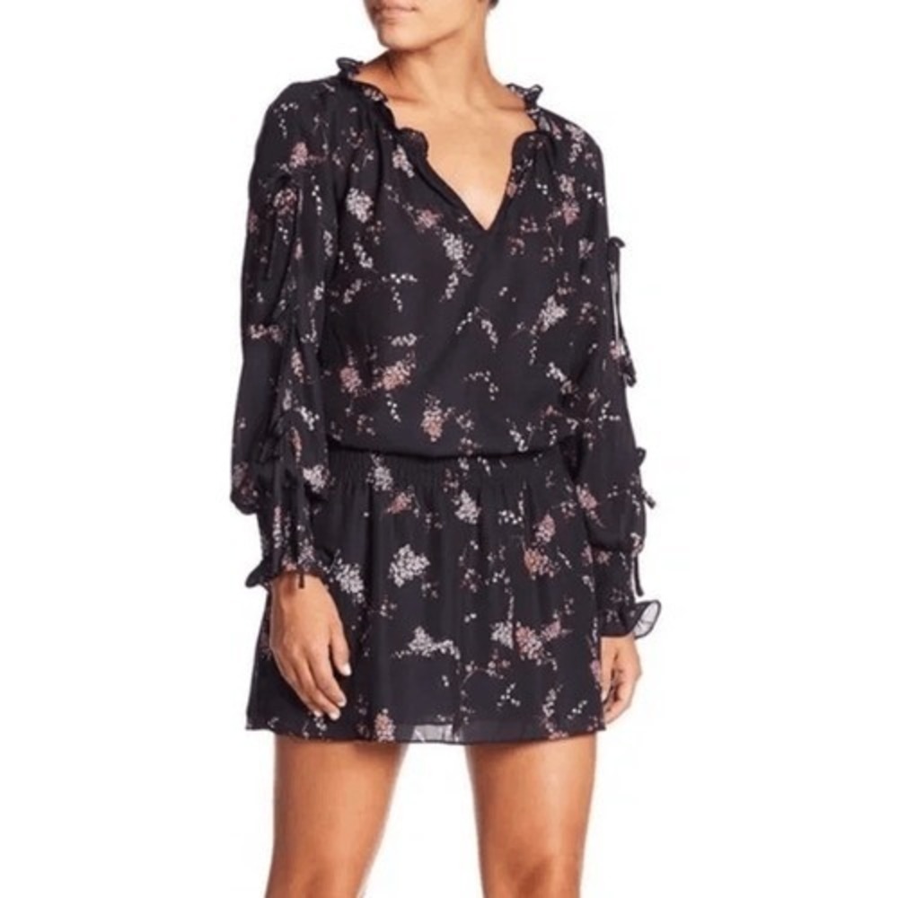 Parker Floral Print V Neck Smocked Waist Mini Dress Black Pink Size‎ XS